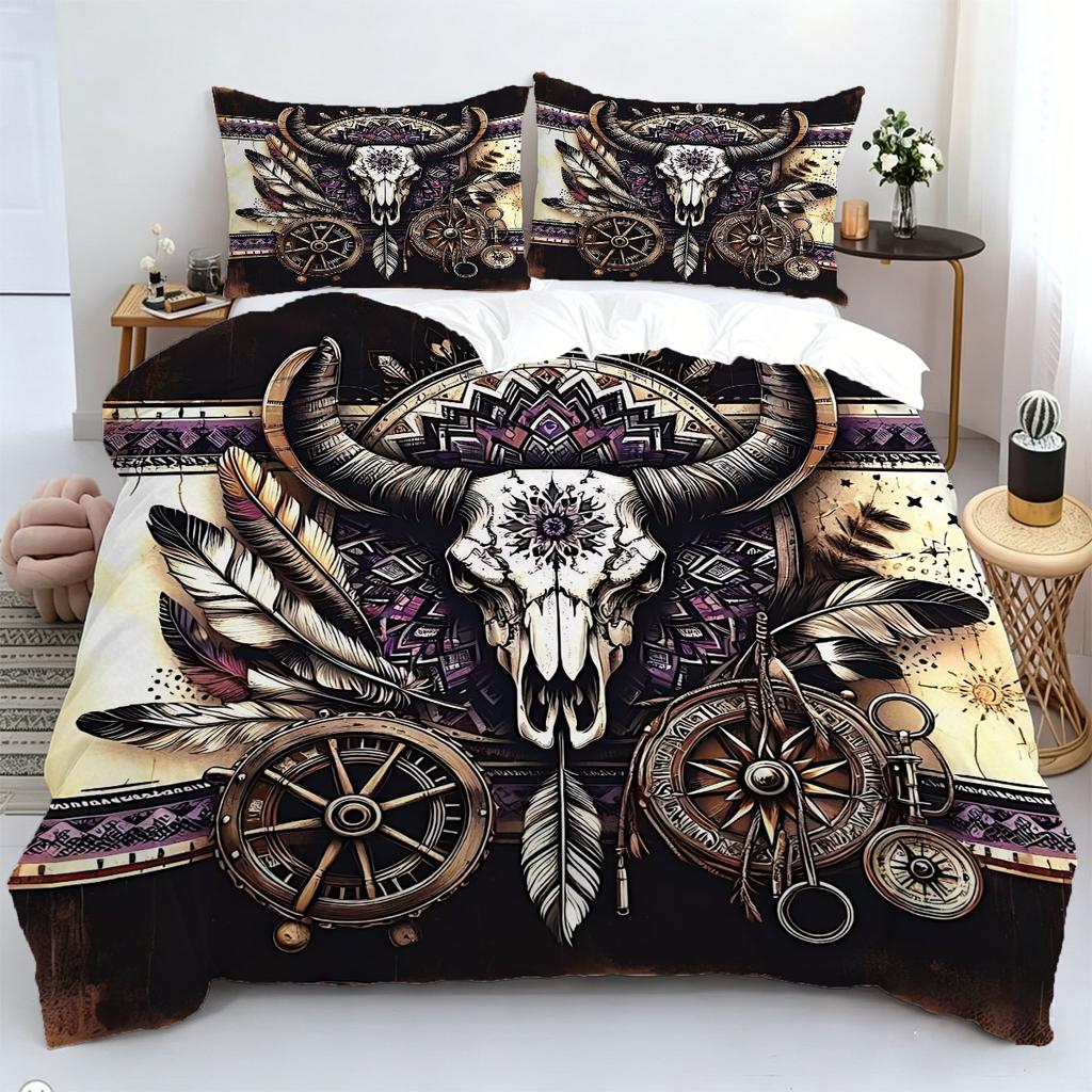 2/3Pcs Bohemian Bull Skull Duvet Cover Set,With Pillowcase Multi Size Bedroom Bedding Decor,Bohemia Rural Style Bedroom Decor