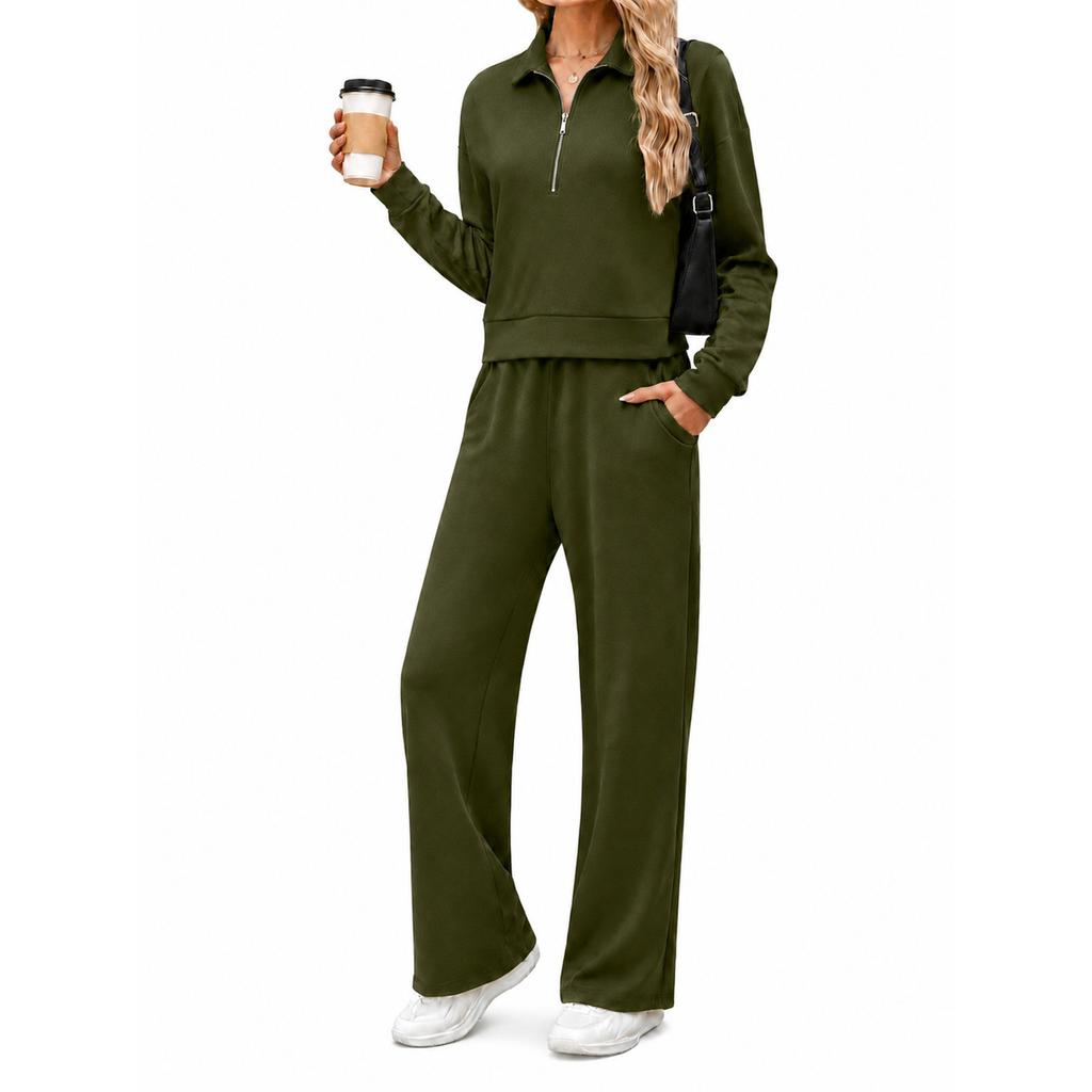 Women's Casual Half Zip Hoodie with Collar and Wide Leg Pants Set