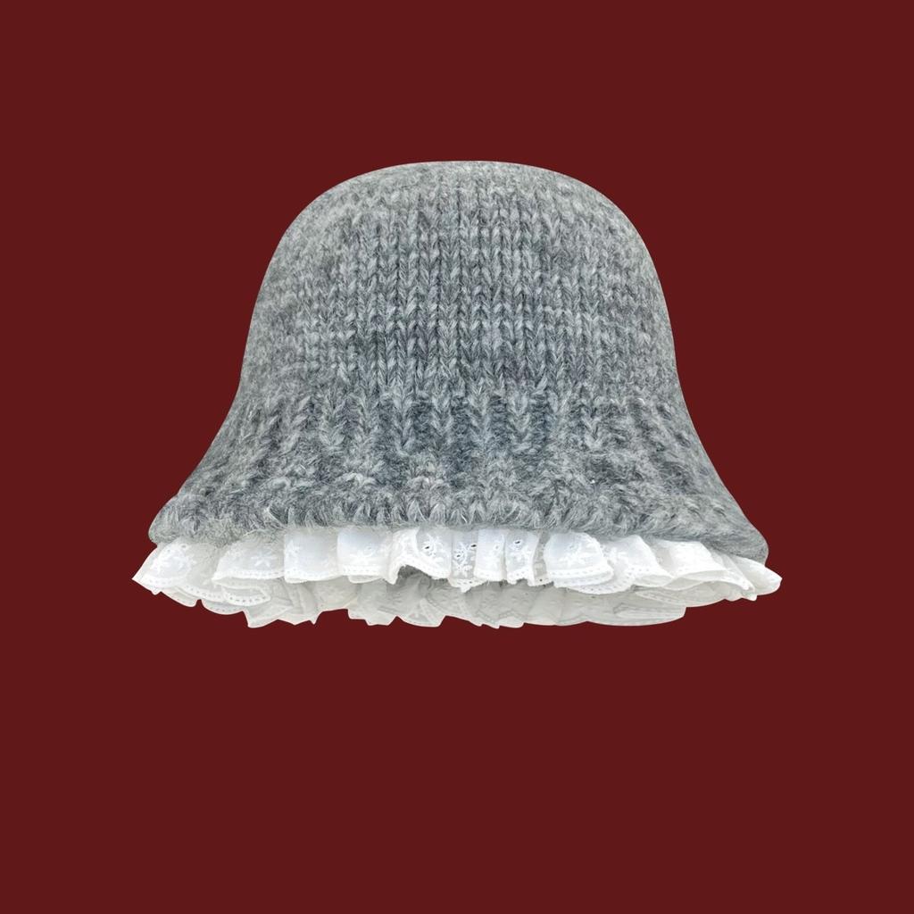 Lazy wind gray knitted hat women's autumn and winter literary lace wool bucket hat showing small face warm pot hat