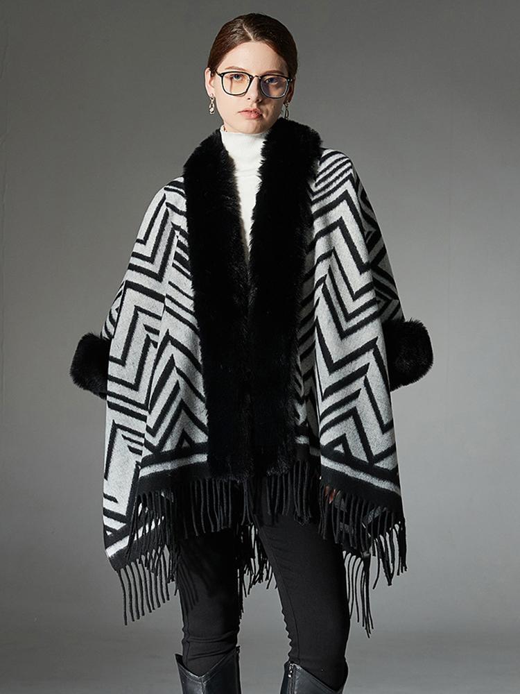 Winter Scarf Women Lady Layers Poncho Elegant Luxury Faux Fur Collar Striped Tassel Shawls Scarve Capa Para Mujer Fashion Coat
