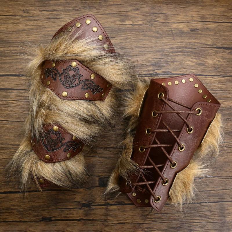 Steampunk Arm Guards Faux Leather Wrist Bracers with Fur Medieval Style Armor for Halloween Cosplay Costume Accessories