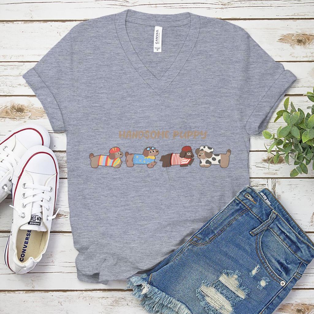 Hübsches Dackel Grafik T-Shirts Damen Lässig Hundemama Oberteil Hundeliebhaber Geschenk T-Shirt Kleidung Niedliches Dackel Damen V-Ausschnitt T-Shirt