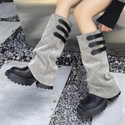 Gürtelschnalle Canvas Patchwork Kniestiefel Damen 2025 Herbst Punk Klobige Plateau High Heel Botas Y2K Dicke Sohle Stiefel