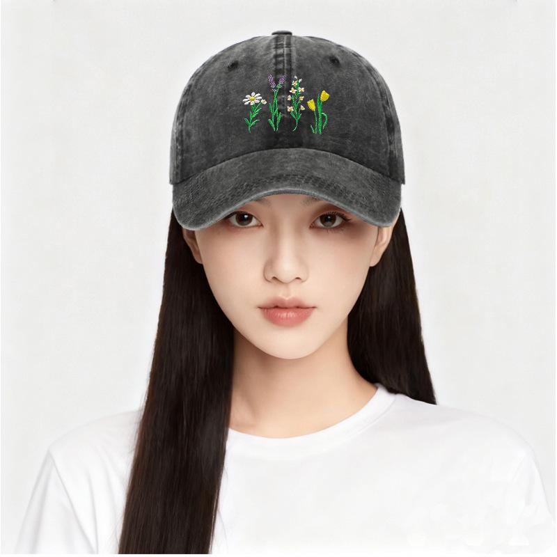 Floral Embroidered Polyester Baseball Cap - Adjustable Sun Protection Casual Hat