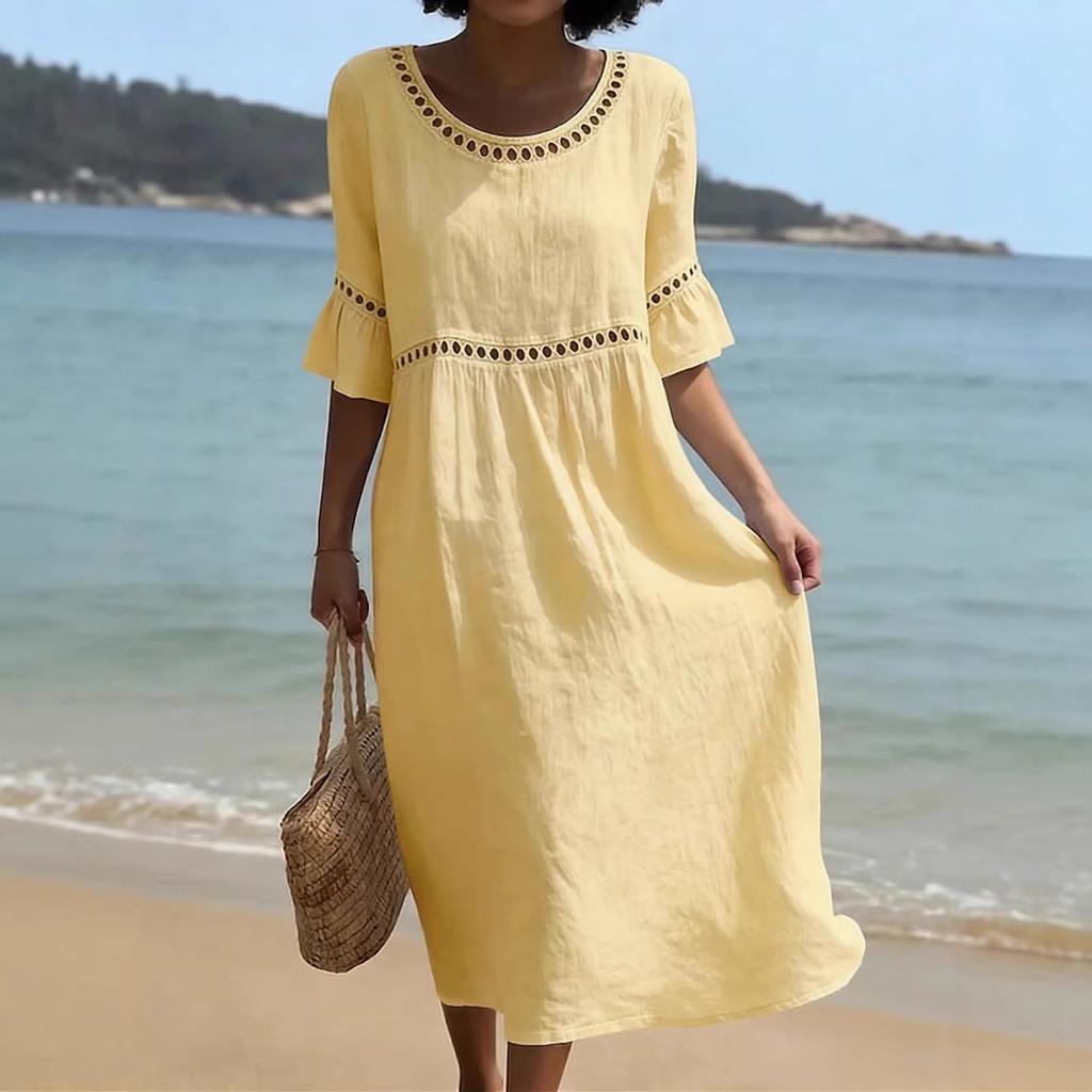 Spring/Summer New Style Elegant Casual Round-neck Long-sleeved Solid Color Women's Dress