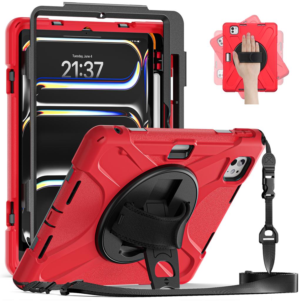 For iPad Pro 11 (2025)/11 (2024) Case PC+Silicone Kickstand Tablet Cover with Hand Strap and Shoulder Strap