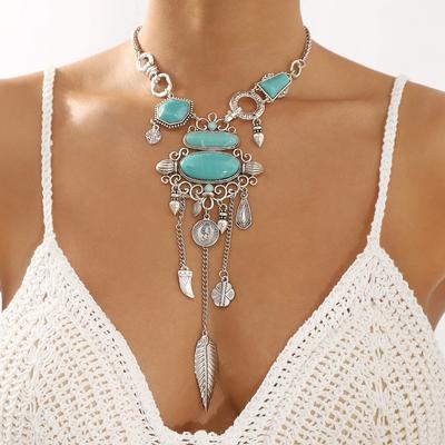 European and American Ethnic Style Exaggerated Pattern Inlaid Turquoise Alloy Necklace, Retro Design Y-shaped Neck Chain