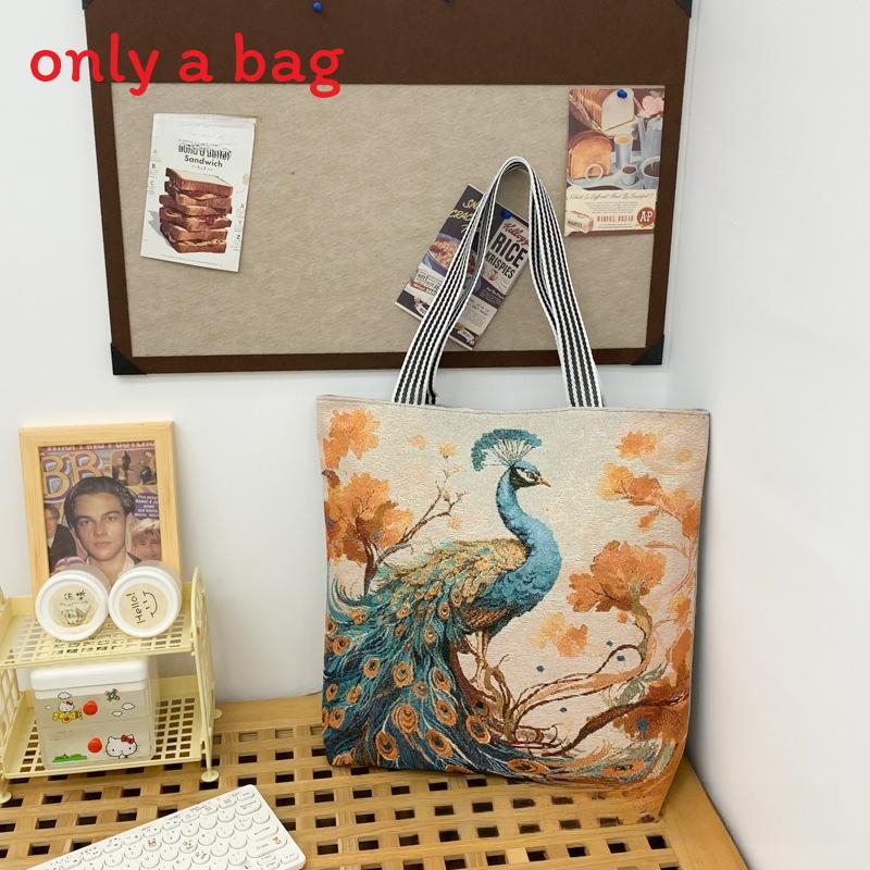 Peacock Canvas Tote Bag With Embroidery And Large Capacity For Daily Use