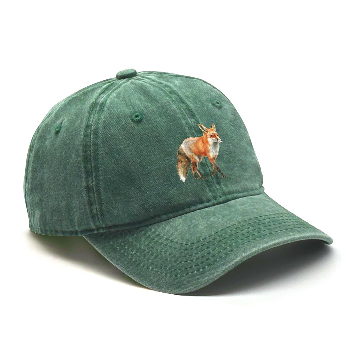 

1 pcs Fox Print Snapback Hat Washed Cotton Caps For Woman Retro Vintage-Inspired Adjustable Caps Ideal Choice For Casual Cap зелений