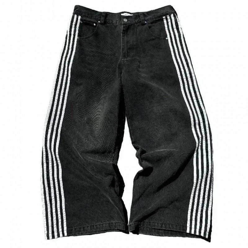 HCW Y2K Retro Striped Patchwork Embroidered Jeans Loose Straight Wide Leg Trousers Teens