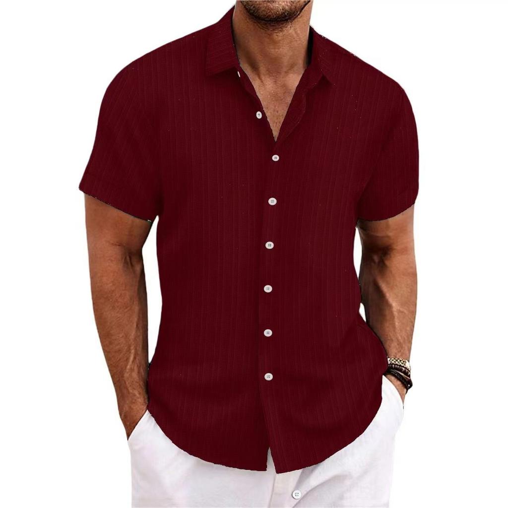 Men's Casual Striped Jacquard Cotton Linen Short-Sleeve Shirt