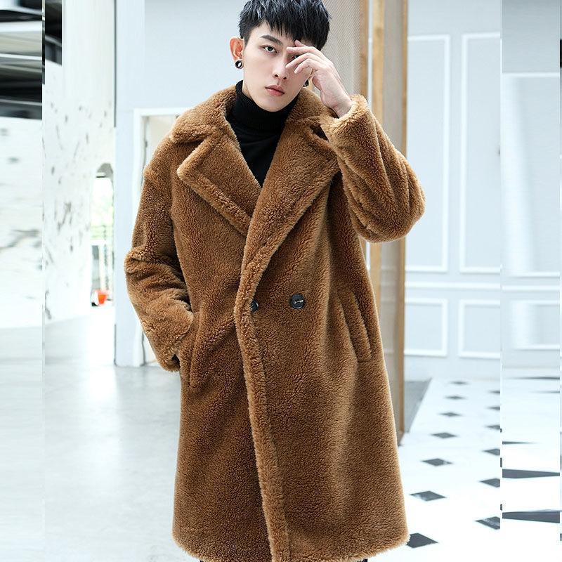 Winter New Thickened Sheep Shearing Men's Long Trench Coat Over the Knee To Keep Warm Imitation Fur Coat Wool Coat