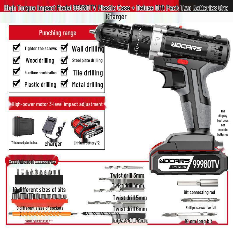 Industrial Ultra-Power Electric Drill with Dual-Speed Lithium Battery and Impact Function