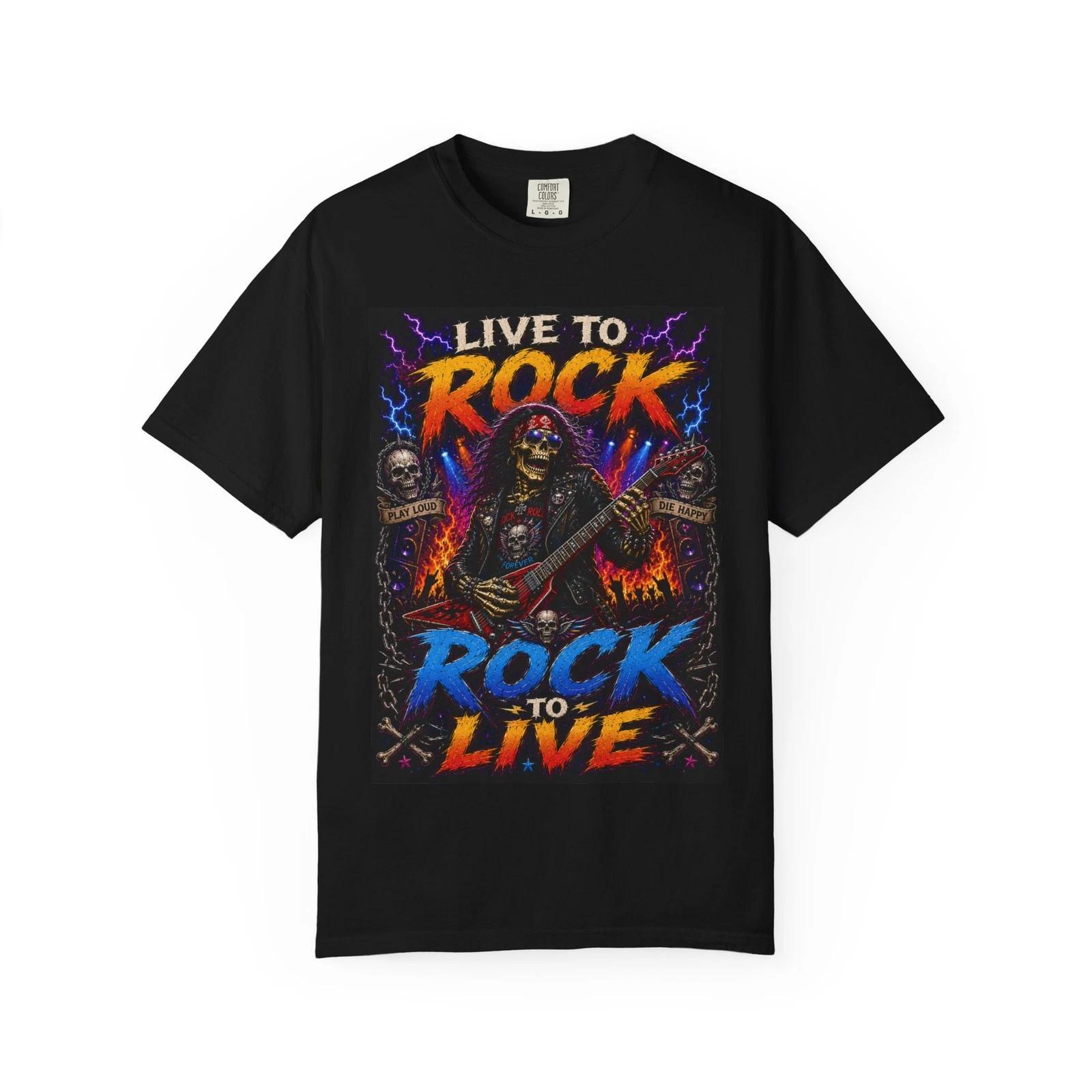 Live to Rock Rock to Live T-Shirt | Skeleton Guitar Metal Tee L