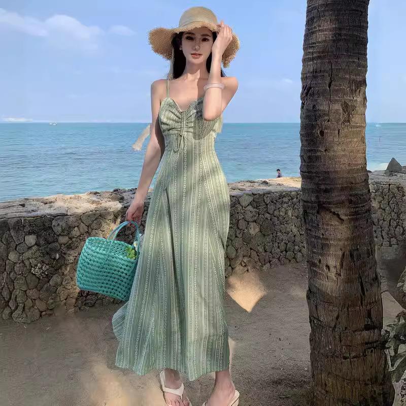 Seaside Photo Clothes Fairy Light Green Print Suspender Dress Seaside Vacation Backless Slim Dress