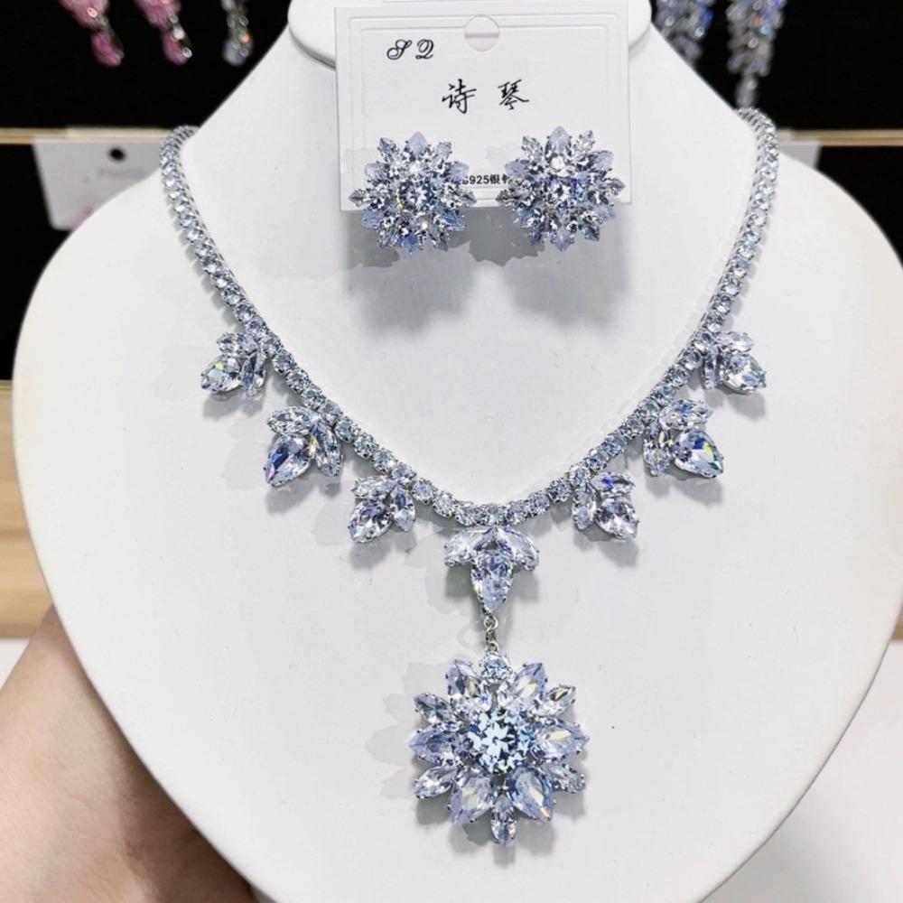 Pink Pendant Necklace Earrings For Women Engagement Trendy Crystal Jewelry Set Bridal Wedding Chokers Party Accessories Gifts