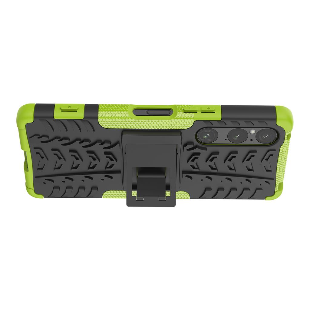 For Sony Xperia 1 V Tyre Pattern PC+TPU Phone Case Kickstand Shockproof Cell Phone Cover