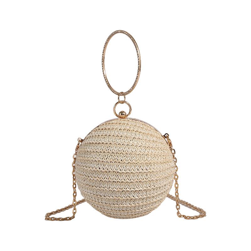 

Summer woven bag women s 2025 new Mori soft girl fashion contrasting color ring portable messenger chain small round bag бежевий