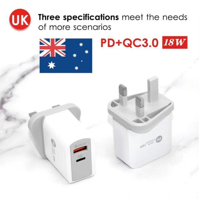 

18W Type-C Charger Compatible with QC3.0 Fast USB Mobile Phone Charger for Apple Android Accessories Portable PD UK білий