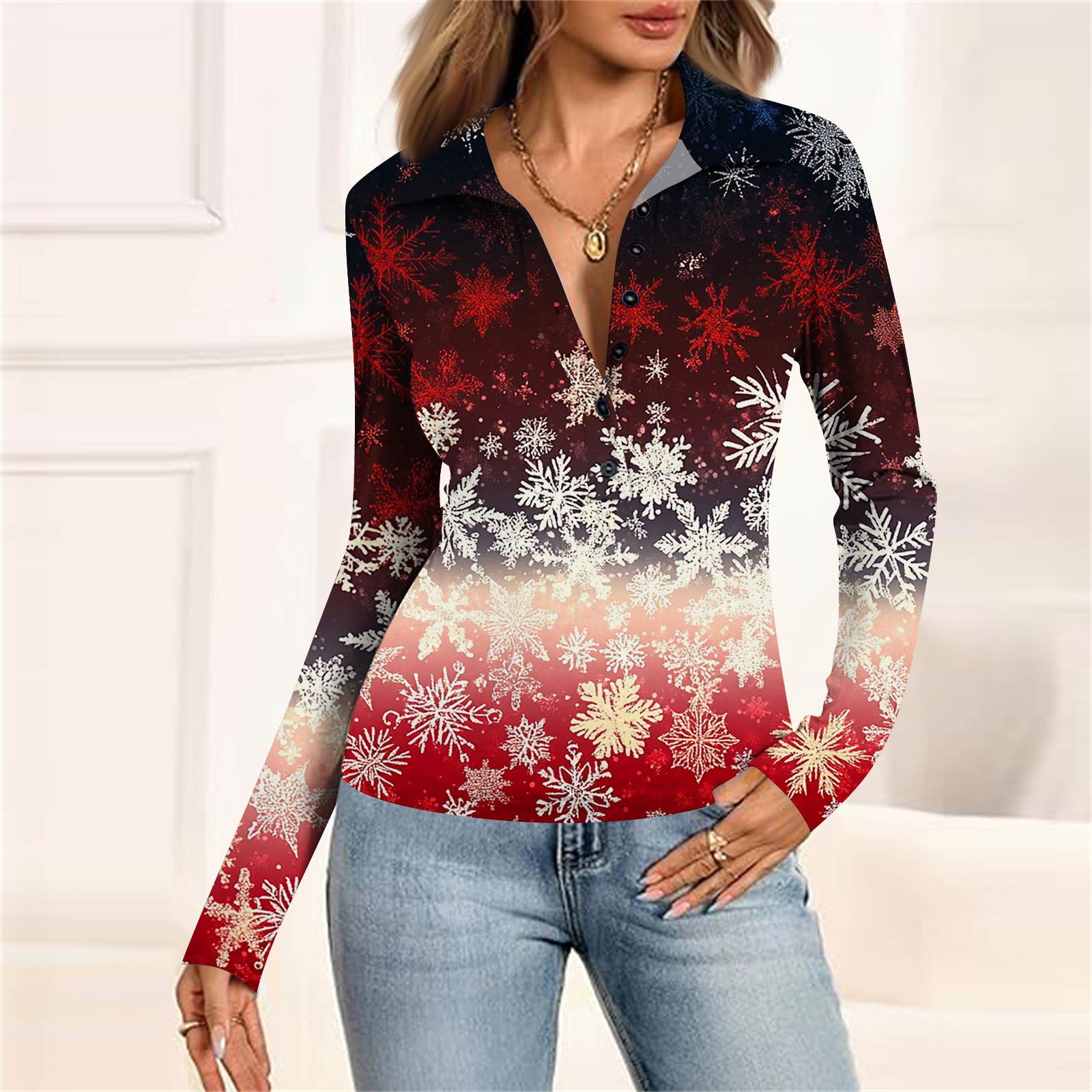 

Женская мода Повседневный принт V-образный вырез Длинный рукав Застегивающаяся на пуговицы блузка L тёмно-синий