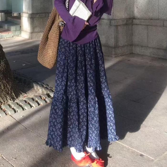 

Korean Retro Floral Purple A-Line Midi Skirt for Women - High-Waisted Versatile Spring/Summer Outfit. S темно-синий