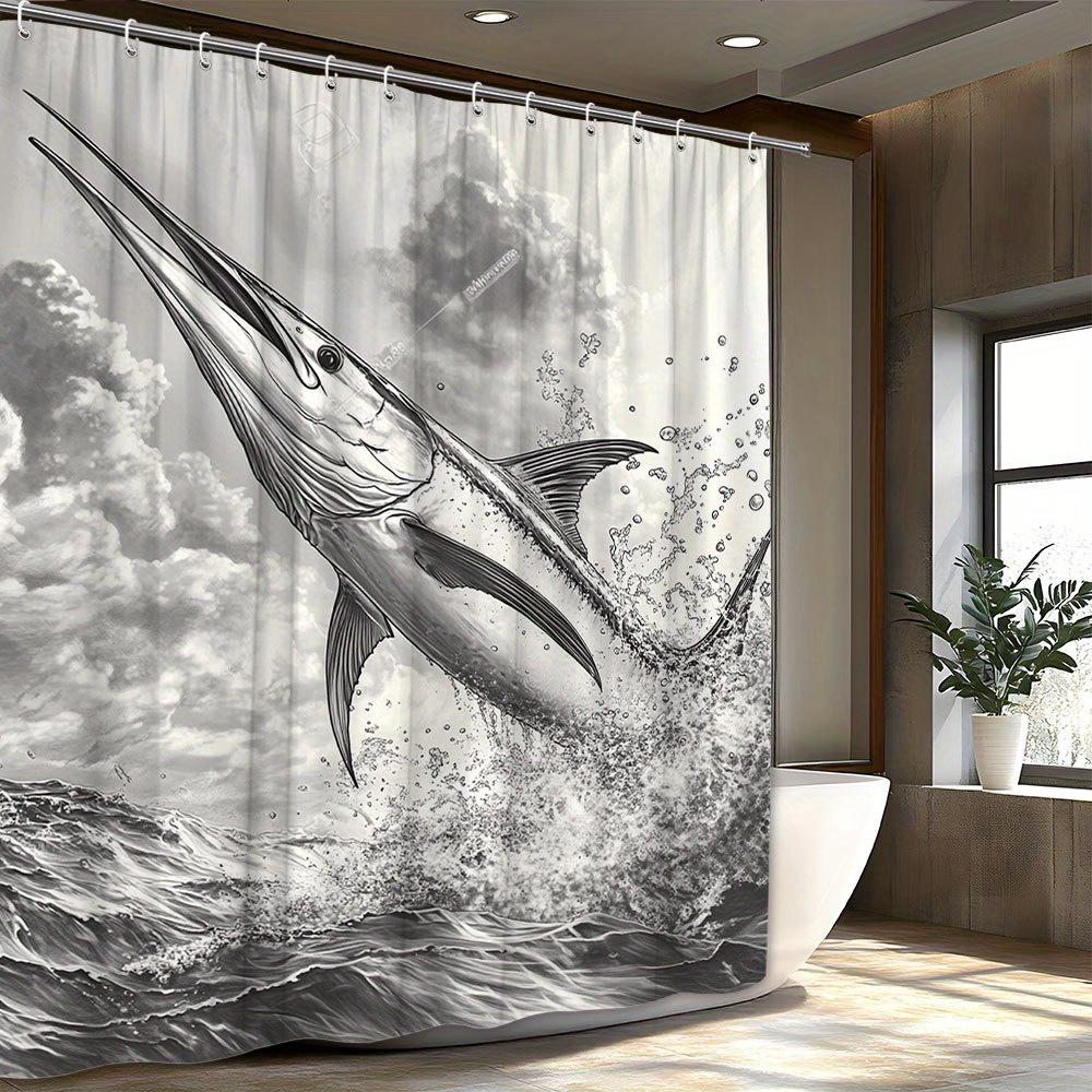 

Dramatic Marlin Jump Out Of The Ocean Shower Curtain With 12 Hooks For All-Season Use, Marine Themed Decorative Shower Curtain W60H190(CM)-1 Pcs