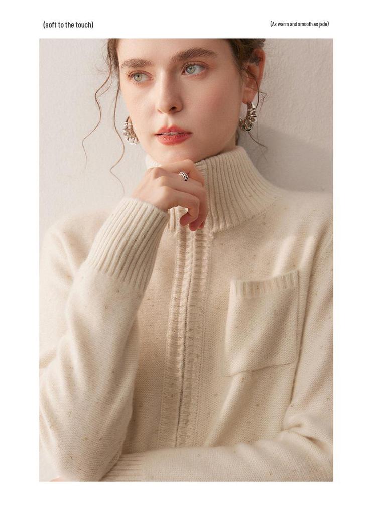 2025 A/W Women's Cashmere Stand Collar Cardigan, Golden Bean Yarn, Double Zipper, Thick Knit with Pockets.