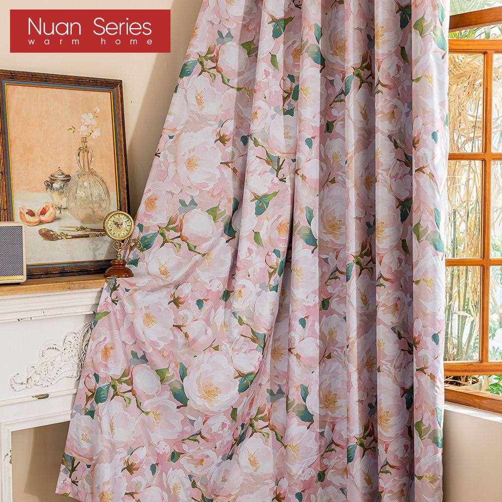 1 Stück Nuan Serie Französischer Landhausstil Verdunkelungsvorhänge Rosa Kamelien-Druck Vorhänge für Schlafzimmer Wohnzimmer Balkon Fenster für Heimdekoration