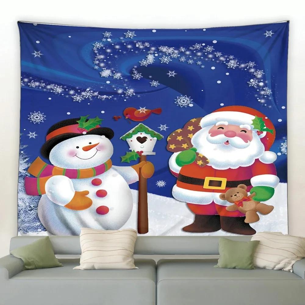 Christmas Cartoon Log House Snowman Tapestry Bedroom Living Room Home Christmas Decoration Tapestry