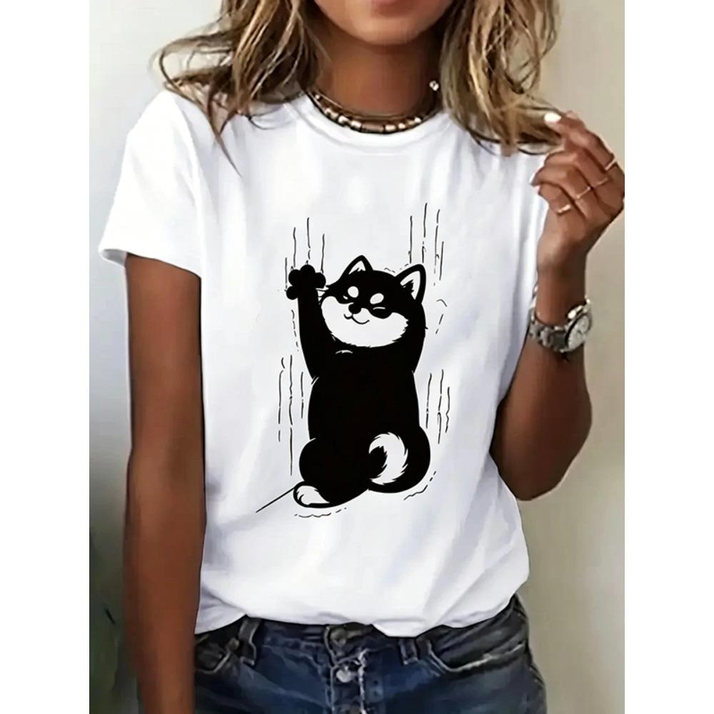 Girl Fun Climbing Cute Cat Pattern Printed T-shirt