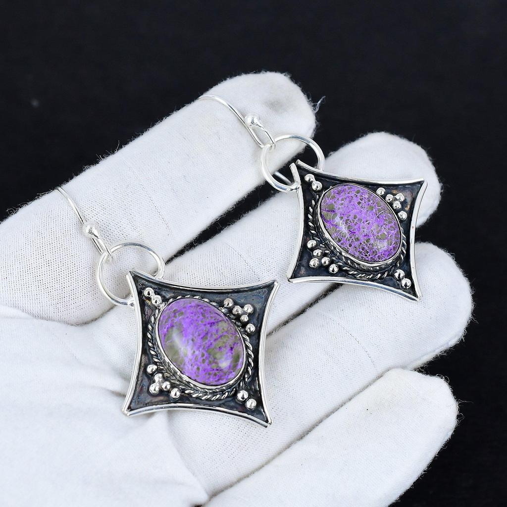 Natürliche Purpurit Edelstein Antike Ohrringe 925 Sterling Silber Ohrringe, Boho Silber Schmuck Ohrhänger, Geschenke zum Geburtstag Geschenke für Sie