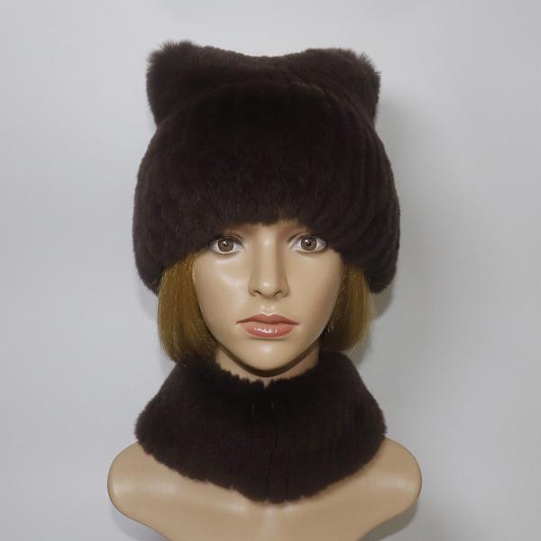 Winter Girls Fashion Fluffy Real Rex Rabbit Fur Hat Scarf Sets Warm Real Rex Rabbit Fur Cat's ear Hats Scarves Women Fur Caps