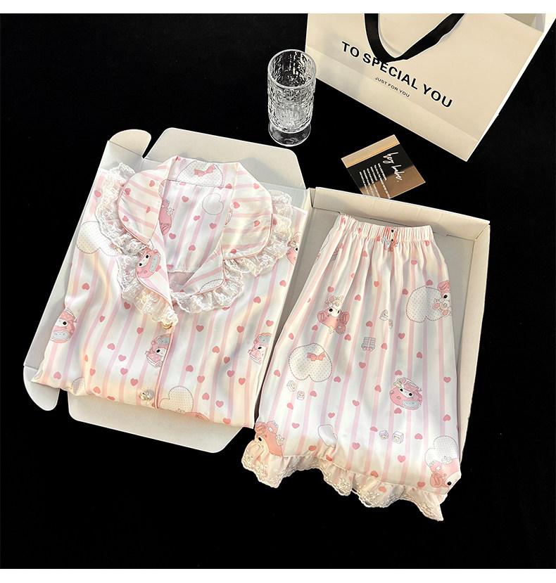 

Pink princess striped Melody pajamas women s summer cardigan lace two-piece set can be worn outside loungewear S