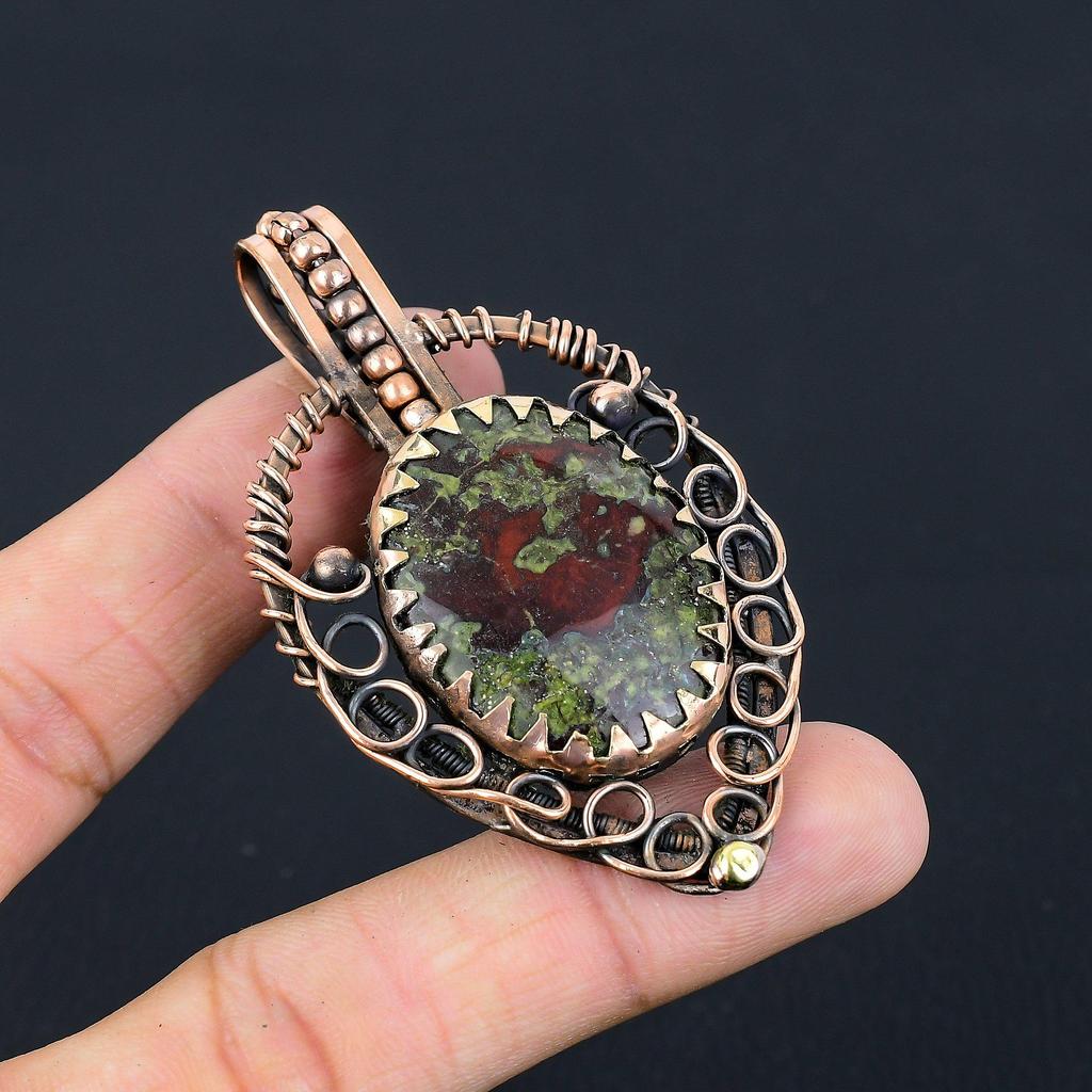 Beautiful Dragon Blood Jasper Gemstone Handmade Pure Copper Wire Wrapped Pendant Jewelry