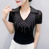 Women New Fashion European Summer Bling T-Shirt Clothes Sexy V-Neck Short-Sleeve Casual Tees Shiny Hot Diamonds Mesh Slim Tops Blouse