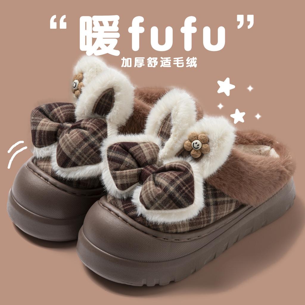 Cotton slippers winter indoor thickened bottom bow cute velvet warm outer wear fluffy slippers