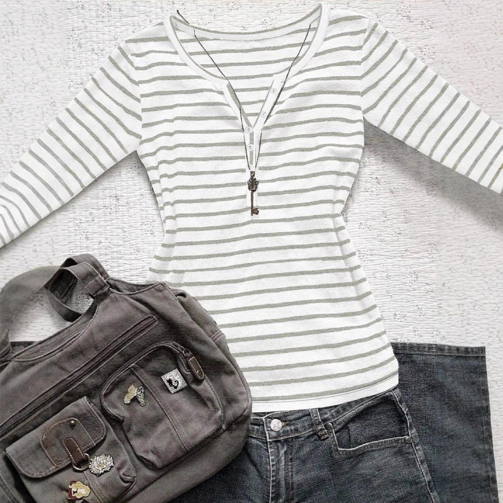 European & American Striped V-neck Long-sleeve Slimming T-shirt - Autumn/Winter Casual Korean Style