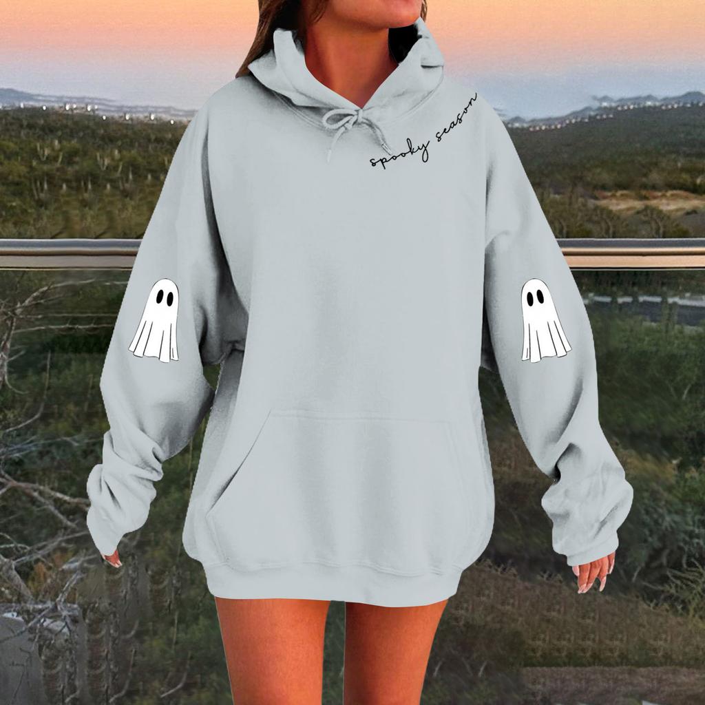 Women's Solid Color Long Sleeve Casual Halloween Print Pullover Hooded Sweatshirt