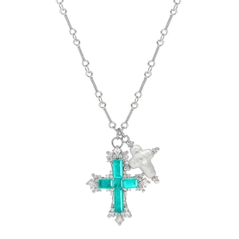 

Elegant Crosses Pendant Necklace with Pearls Alloy Chain Necklace Women Long Length Perfect for Daily Wear and Gifts 1