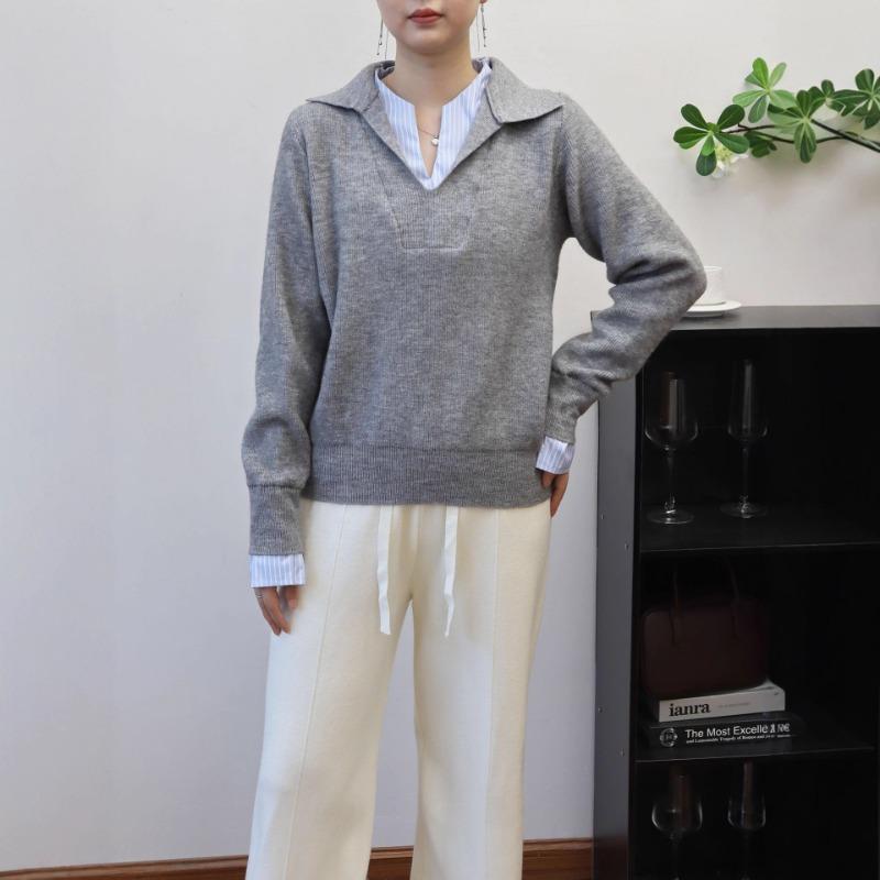 Autumn and winter new splicing contrasting color fake two-piece knitted sweater top loose design sweater pullover woman