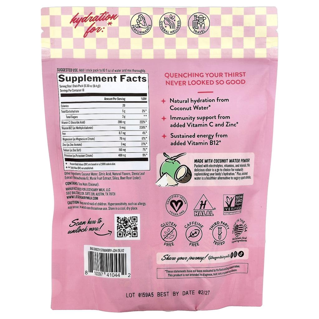 She'S Thorsty®, Coconut Water Electrolyte Mix, Strawberry Lemon, 18 Count, 18 Stick Packs, 8.4 G (0.30 Oz) Each