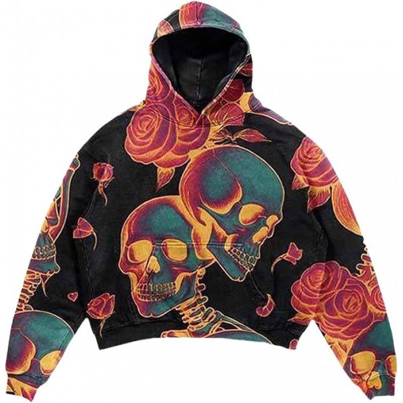 Amerikan Punk Kurukafa 3D Baskılı Kısa Kapüşonlu Sweatshirt Bol Kesim Erkek Kadın Sokak Giyimi