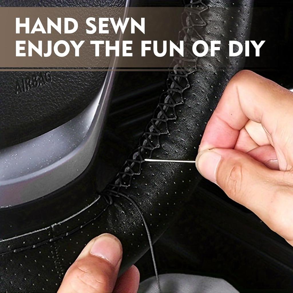 Leather Steering Wheel Cover, 15 Inch Hand Sewing Steering Wheel Wrap, Anti Slip Car Steering Wheel Protector Covers, DIY Sewing with Needle Thread,