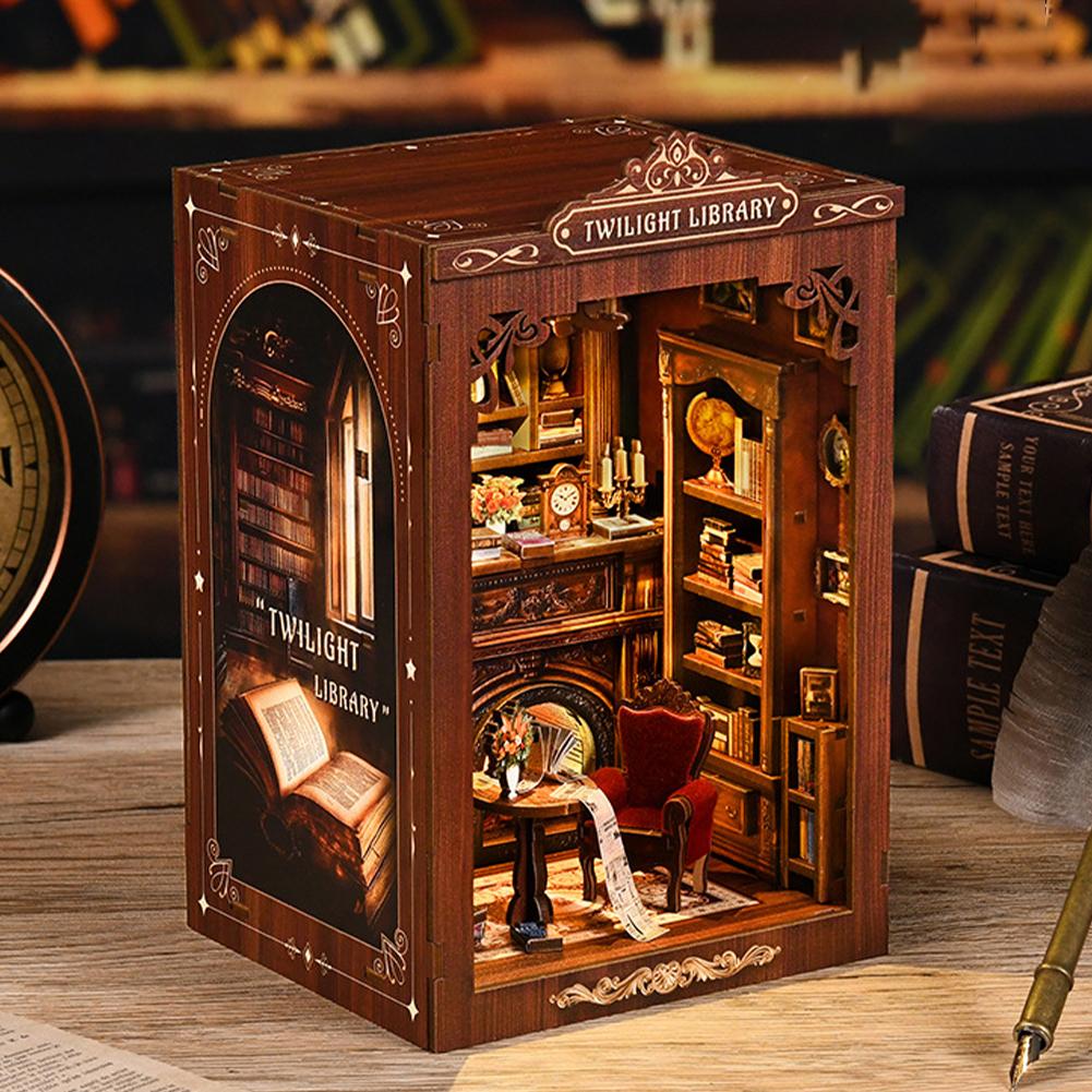 DIY Book Nook Miniature Wooden Dollhouse with Light Bookshelf Insert Decoration Model for Bookshop Memories 3D Puzzle Assembly