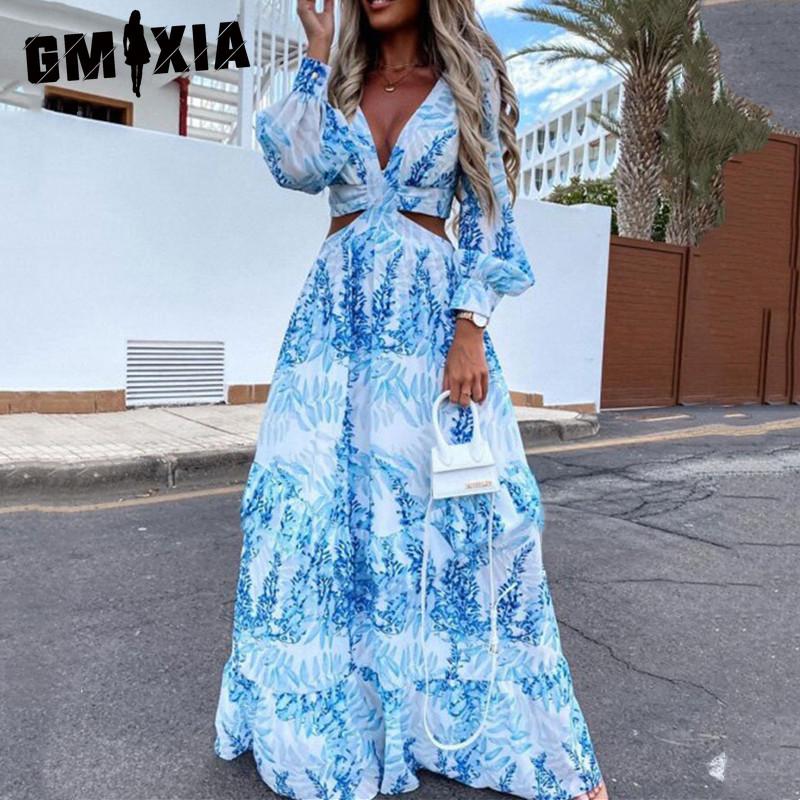 

GMXIA Женские модные летние весенние повседневные платья с длинным рукавом и v-образным вырезом с цветочным принтом