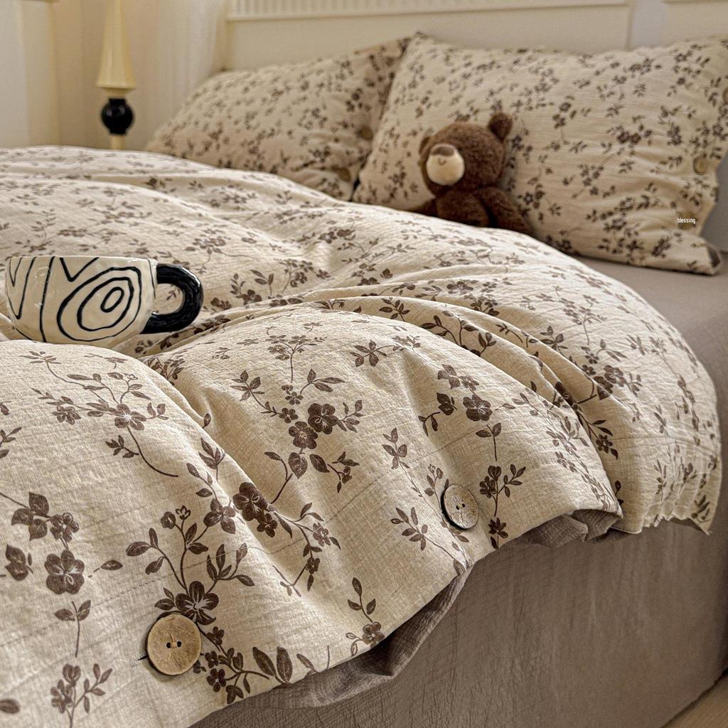 Washed Cotton Linen Floral Button Style Bedding Set (3-Piece)
