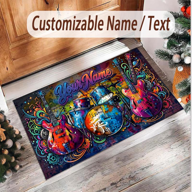 Music Guitar Theme Soft Crystal Velvet Rug Custom Name & Text Print Non Slip Floor Rug for Bedroom Living Room