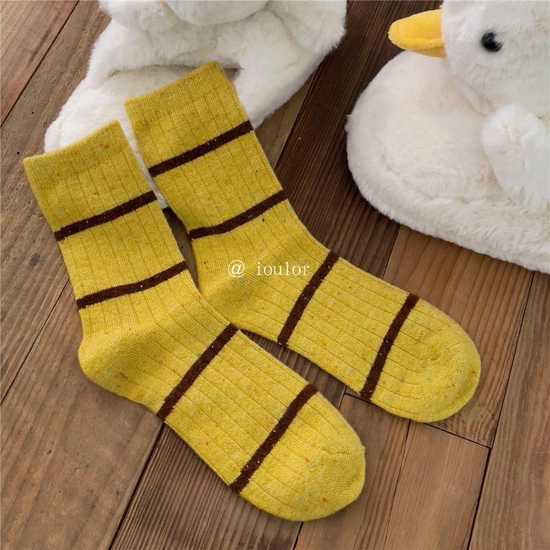 Ladies Autumn Winter Thick Striped Wool Medium Tube Pile Socks