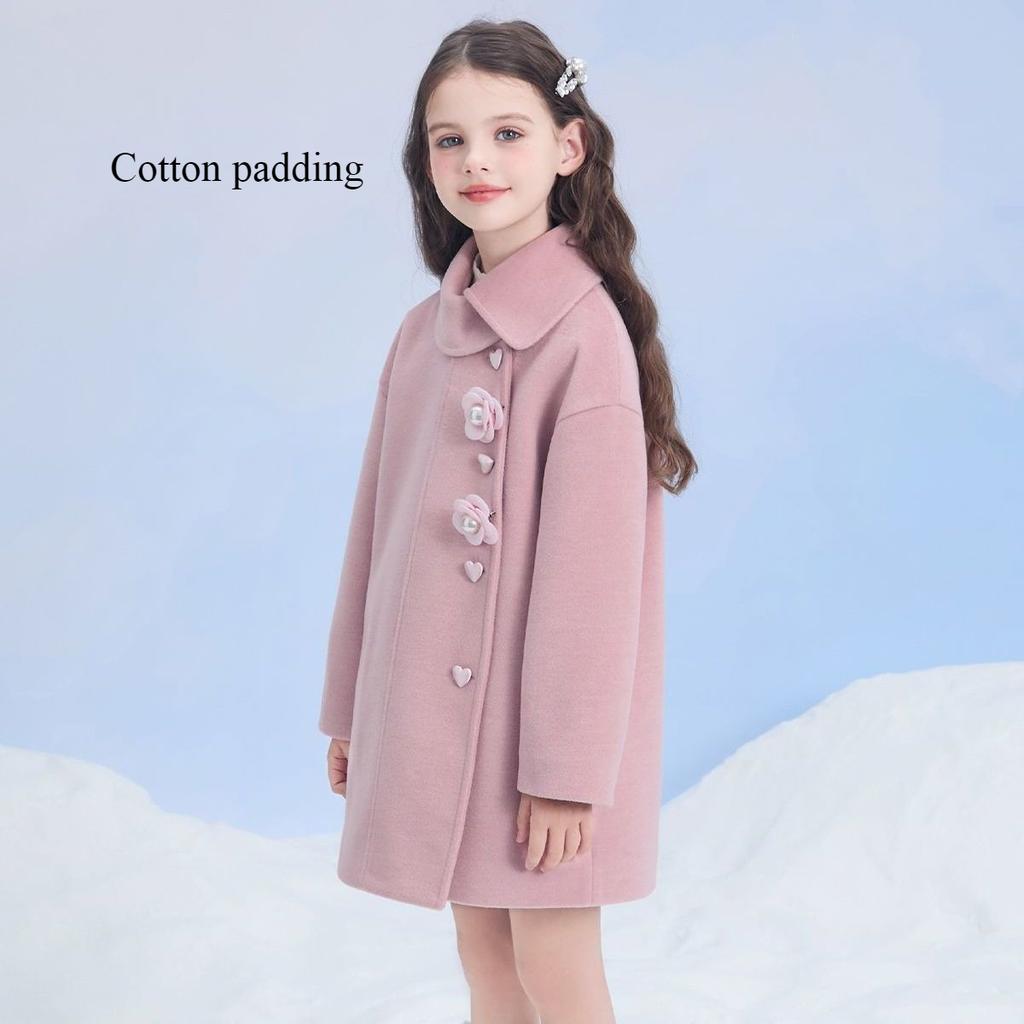 Pink Woolen Coat for Girls, Sweet Cotton-padded Woolen Overcoat for Children Autumn and Winter