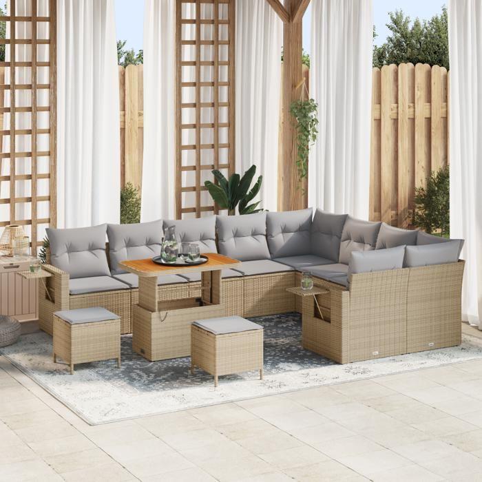Ensemble de Canapés de Jardin de 12 pièces avec Coussins Beige Poly Rattan Acacia, Ensemble de Salle à Manger de Jardin de 3 3363737